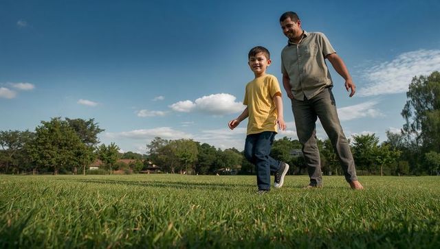 Father and son walking on sunny park lawn enjoying relaxed outdoor stroll