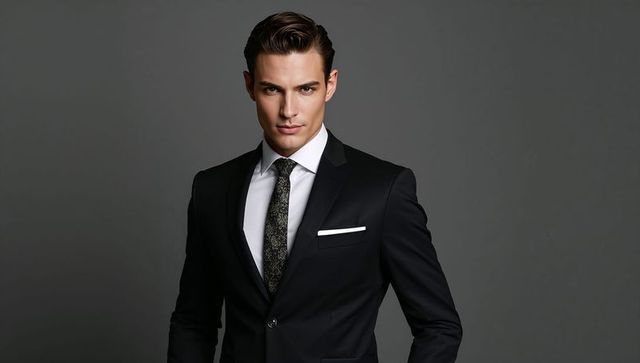 Elegant male model in tailored black suit studio portrait
