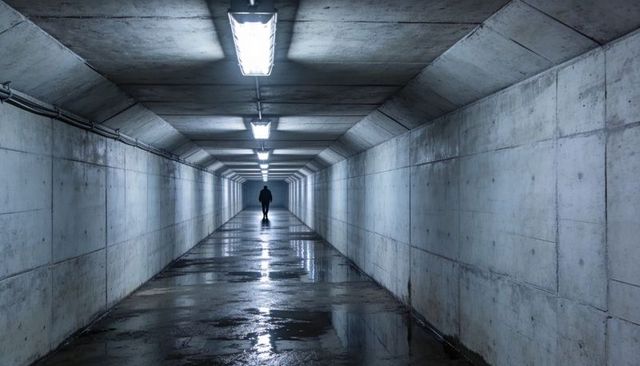Walking silhouette in moody concrete tunnel with fluorescent lights and wet floor