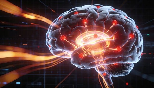 Futuristic 3D Brain Neural Network Visualization with Glowing Nodes and Data Streams for AI