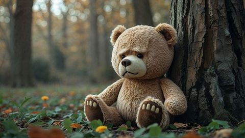 Cute Teddy Bear Sitting Against Tree in Serene Woodland
