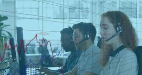 Multi-ethnic call center team with graph overlay concept