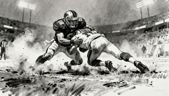 Monochrome football tackle showing colliding players delivering powerful impact in stadium