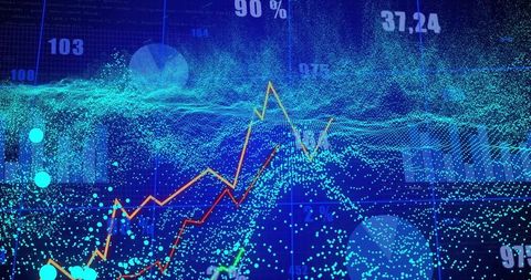 Neon Particle Data Wave with Multicolor Line Charts and Numeric Overlays for Analytics