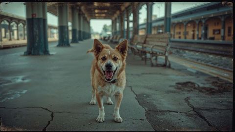 Happy barking dog standing on train platform waiting