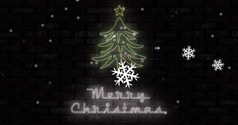 Merry Christmas Text with Neon Tree and Falling Snowflakes