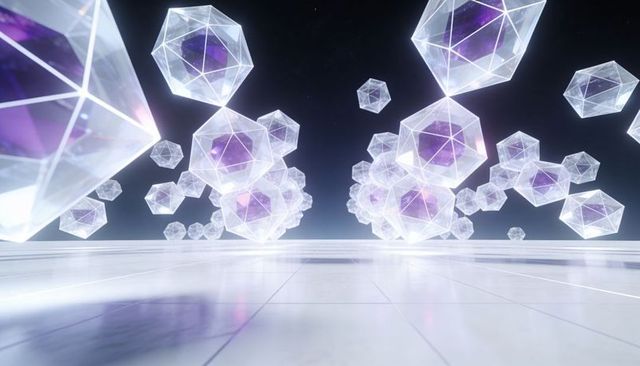 Floating glass polyhedra with violet cores over reflective tiled floor