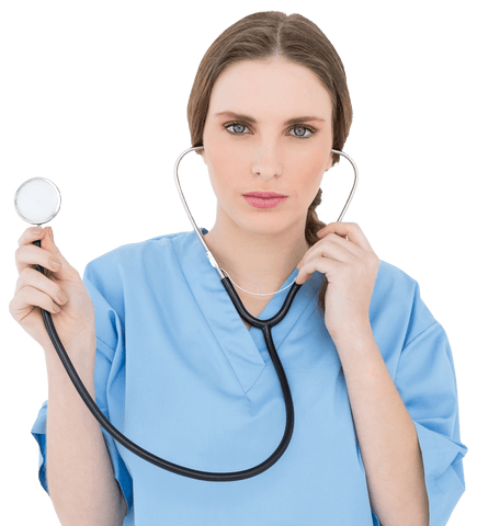 Transparent female doctor with stethoscope looking confidently ahead