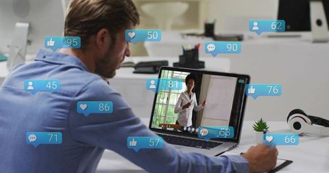 Man Watching Virtual Presentation on Laptop with Social Likes Comments and Engagement