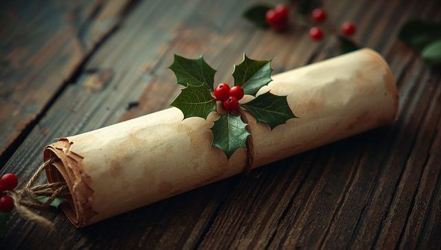 Rustic Rolled Scroll Adorned with Holly on Wooden Table