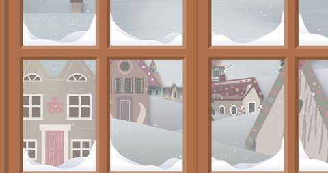 Cozy Winter Village Scene Viewed through a Frosted Window