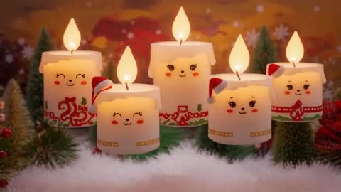 Floating festive candle characters rising above snowy tabletop with warm LED flames