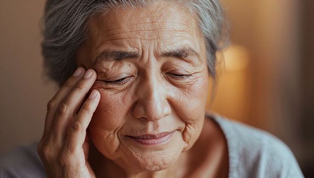 Elderly Asian woman touching temple and reflecting calm in warm close-up portrait