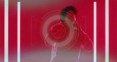 Futuristic Neon Red Ambiance with Man Adjusting Collar