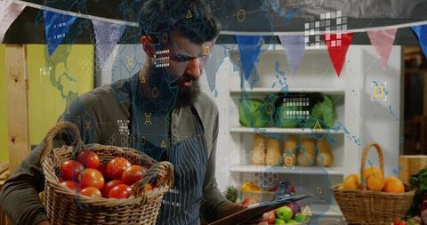 Vendor using digital tablet in rustic market setting