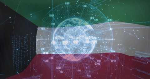 Kuwaiti Flag in Cyber Network with Digital Holographic Globe