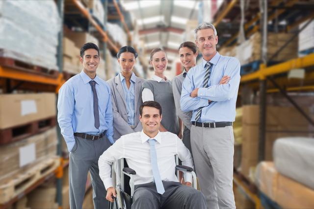 Digital composite of Portrait of smiling businessman in wheelchair with colleagues at warehouse