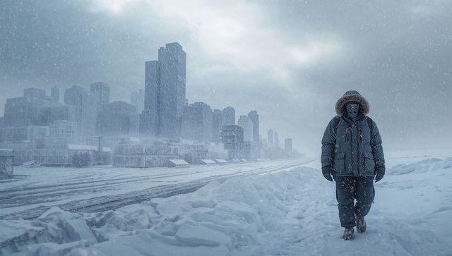 Solitary figure navigating snowstorm by urban skyline