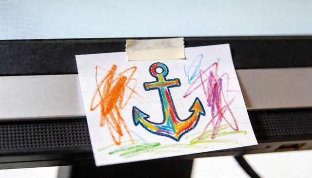 Crayon anchor drawing sticking to monitor bezel on creative home workspace