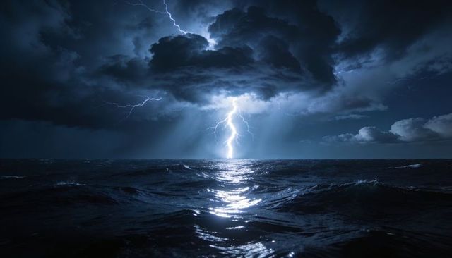 Night ocean lightning strike illuminating storm clouds and churning waves, dark sea reflections