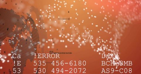Digital globe emitting particle streams with error code overlays and orange gradient