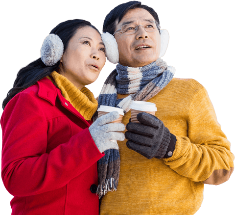 older asian couple enjoying coffee on cold day with transparent background - Download Free Stock Videos Pikwizard.com