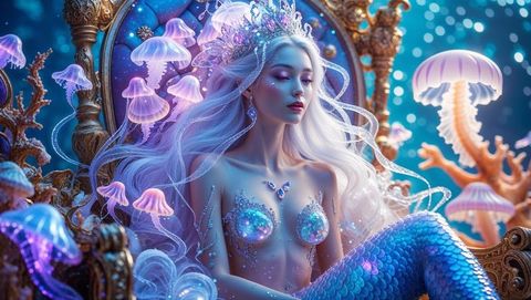 Enchanted mermaid queen on throne in underwater realm