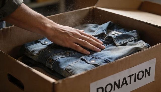 Smoothing folded denim jacket in donation box with caring hand for charity