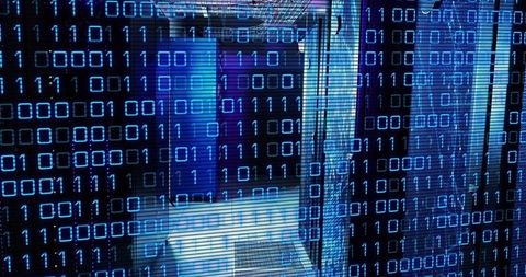 Futuristic Binary Code Overlay on Data Center Server Racks