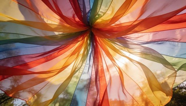 Radiating rainbow canopy showing sheer translucent panels filtering warm sunlight