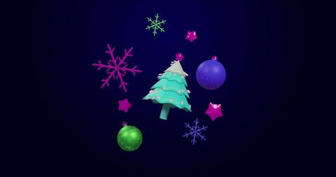 Colorful 3D Christmas Decorations Floating on Dark Background