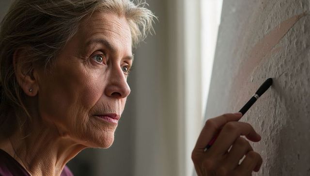 Senior artist painting on textured canvas, focused elderly woman working in home studio