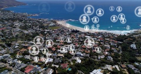 Digital networking in coastal town imagery with social icons