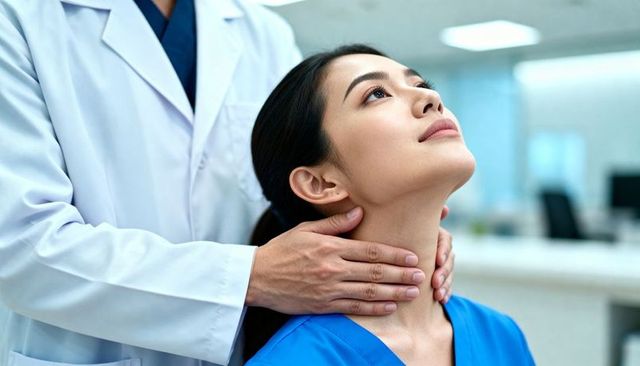 Physician examining patient neck for thyroid assessment in modern medical clinic
