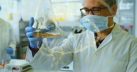 Scientist Analyzing DNA Structure with Yellow Solution in Laboratory