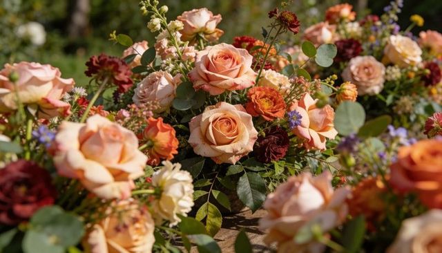 Peach coral rose bouquet with burgundy accents on rustic wooden tabletop