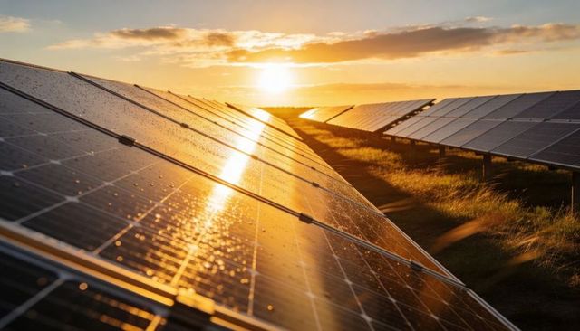 Sunlit solar farm at golden hour with glinting panels reflecting sunrise over rural field