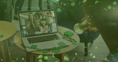 St. Patrick's day virtual celebration with clovers and cheers