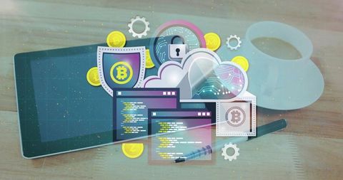 Cloud blockchain security concept on tablet with bitcoin coins, code panels and padlock