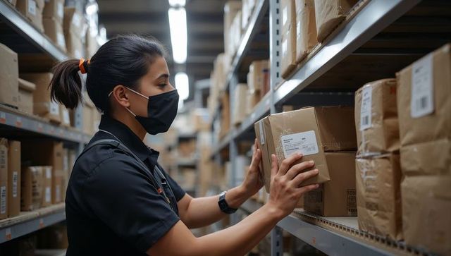 Female warehouse worker wearing mask inspecting cardboard package on metal shelf