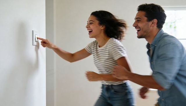 Young couple racing and flipping light switch in sunlit minimal home interior