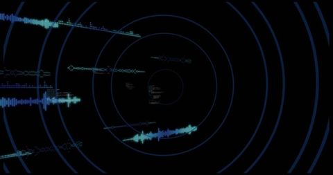 Futuristic Radar HUD Rotating Concentric Rings with Cyan Waveforms and Glyphs