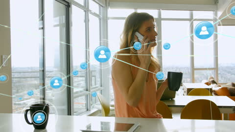 Businesswoman Using Smartphone in Modern Office with Digital Network