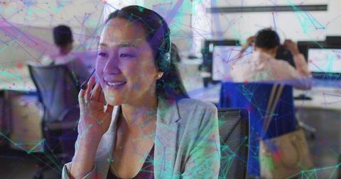 Asian woman call center representative in interactive office