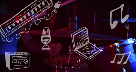Close-up drum cymbal and shell reflecting red and blue stage lights with hand-drawn music doodles