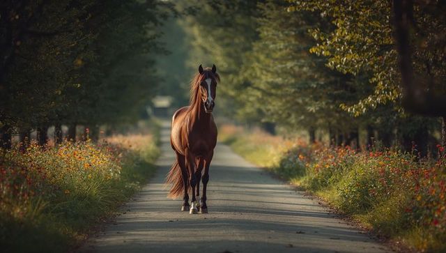 Chestnut Horse on Scenic Country Road Flanked by Trees