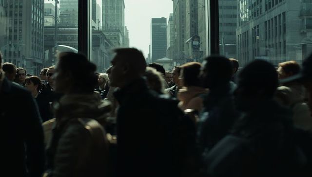 Crowded urban transit lobby with commuters in motion