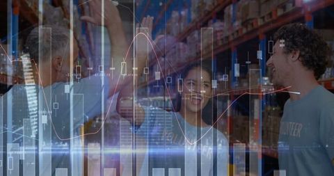 Volunteers High Fiving with Financial Data Overlay in Warehouse