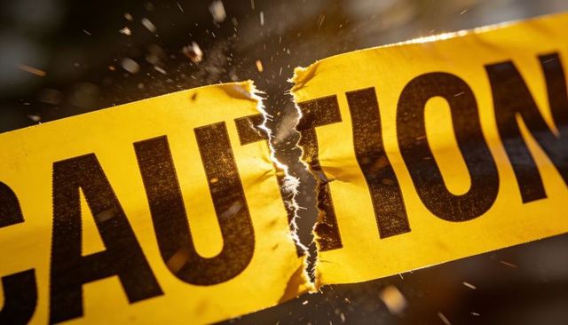 Torn yellow caution tape tearing open with frayed fibers, backlit dust and debris