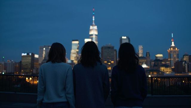 Three friends standing at twilight overlooking urban skyline with silhouetted city lights